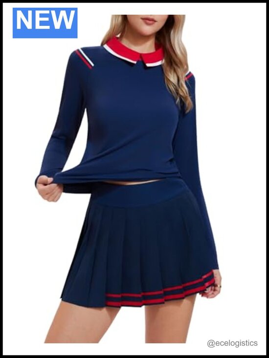 Pants - Womens Tennis Skort Set Long Sleeve Top Built-in Shorts Pleated 2 Piece Athletic